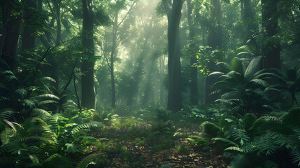 Obraz premium Tranquil Forest with Tall Trees and Sunlight Filtering Through the Canopy
