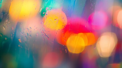 Fototapeta premium Abstract art captures the essence of spring and fall showers with a defocused image of a rainbow umbrella in the rain. The backdrop, blurred by raindrops, is illuminated by subtle light flares