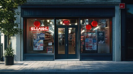 Storefront decorated with Memorial Day symbols and bright sale posters