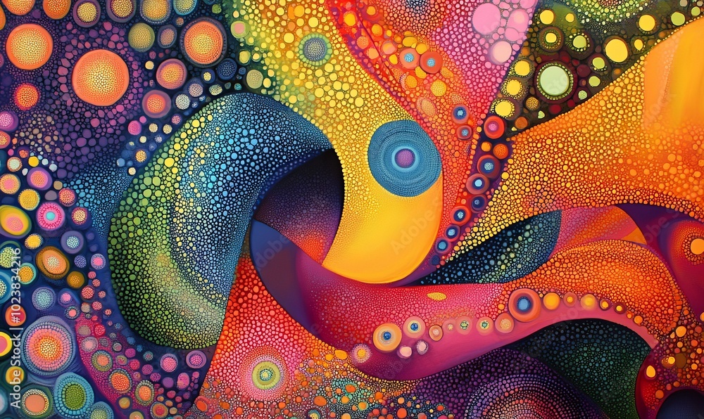 Poster a colorful arrangement of smooth, overlapping dots in various shades and patterns, creating a vibran