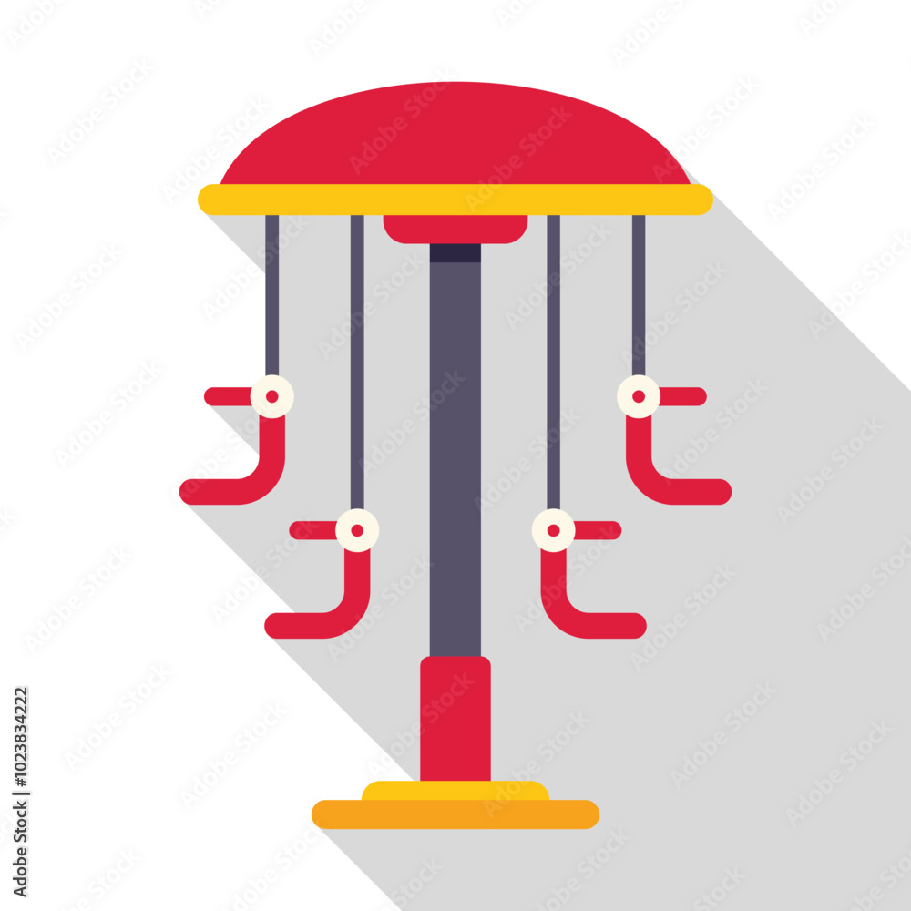 Poster red and yellow merry go round standing on a playground with empty seats, in flat design with long sh
