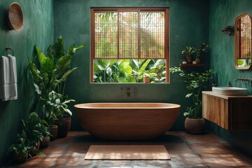 Stylish bathroom with a wooden tub and plants creating a tranquil spa atmosphere