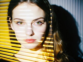 Digital woman face for AI technology concept. Reeded Glass. Ribbed Background. Model hidden behind mirror pattern. Beautiful girl. Glitched and corrupted female face. Colored