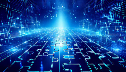 Obraz premium The concept of building a scalable information system like a puzzle, organizing the information flow of data exchange, API architecture