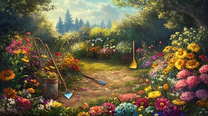 Fototapeta premium Amidst the vibrant tapestry of a sunlit meadow, a medley of gardening implements and vibrant blooms form a harmonious symphony of nature's artistry. 