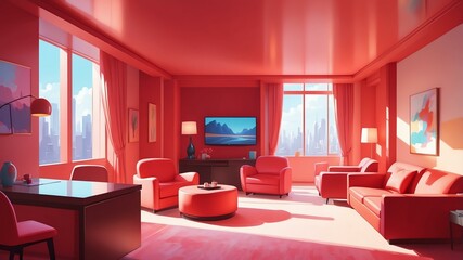 red themed aesthetic minimalist hotel interior concept illustration background