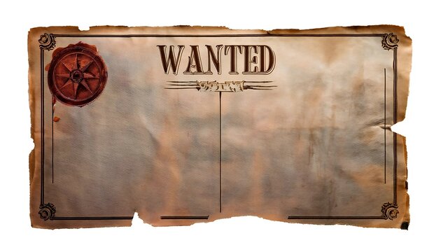 This vintage-style wanted poster features faded, torn edges and an empty space for a photo of an outlaw