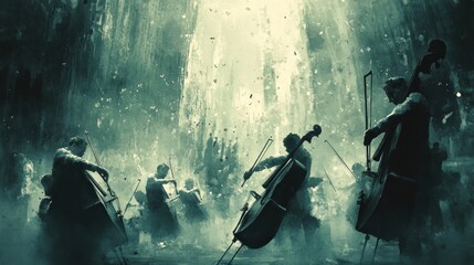 Silhouetted Cellists Performing in a Misty, Green Landscape