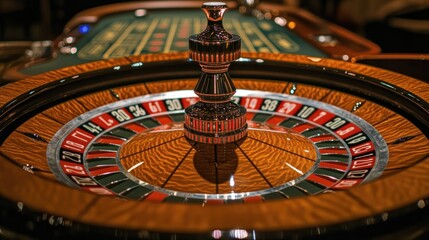 Close-up of a roulette wheel with the ball spinning.