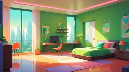 green themed aesthetic minimalist hotel interior concept illustration background