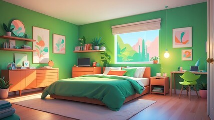 green themed aesthetic minimalist bedroom interior concept illustration background
