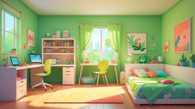 green themed aesthetic minimalist children's room concept illustration background