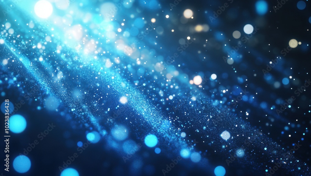 Poster blue glowing light particles in the background with rays of white flare and stars, a futuristic tech