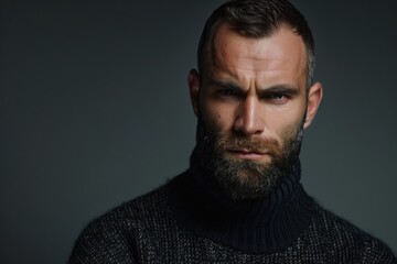 Fototapeta premium Portrait of brutal unshaven man posing and looking at camera isolated over grey background