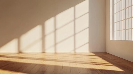 Sunlight streams through a large window, casting long shadows on the hardwood floor and empty wall of a minimalist room.