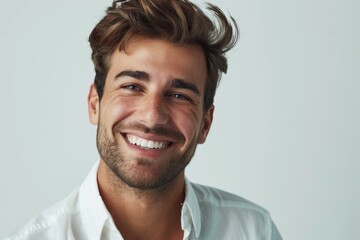 Handsome man in white shirt with happy smile. Lucky.