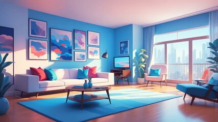 blue themed aesthetic minimalist living room interior concept illustration background