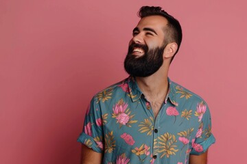 Obraz premium Confident young man in casual shirt smiling and looking away.