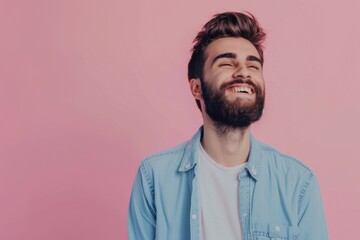 Fototapeta premium Confident young man in casual shirt smiling and looking away.
