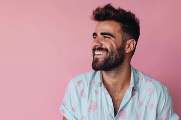 Fototapeta premium Confident young man in casual shirt smiling and looking away.