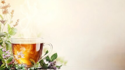 A steaming cup of herbal tea surrounded by fresh herbs and flowers, perfect for relaxation.