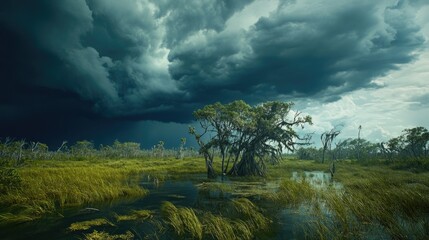 Imposing dark storm clouds looming over flooded wetlands with lone tree in foreground, capturing pre-hurricane tension and natural power - hurricanes and disasters