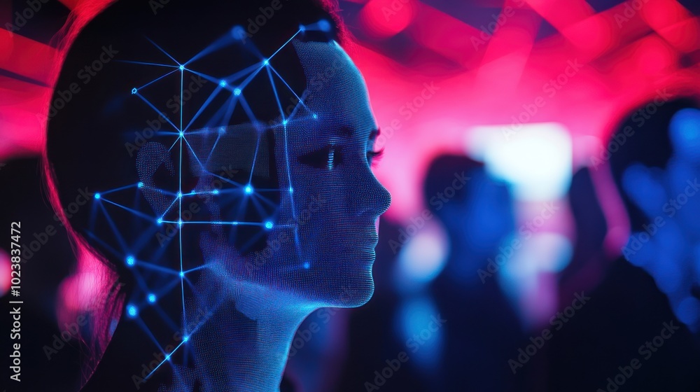 Poster digital face with a network of lines and points