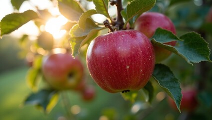 Ripe red apples on sunlit tree branch