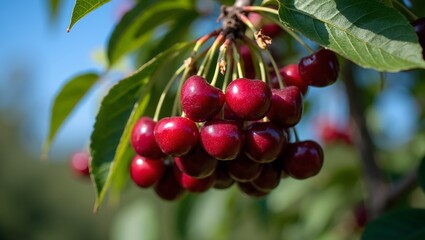 Obraz premium Ripe red cherries hanging from tree branches against a blue sky