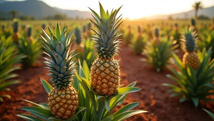 Fototapeta premium Tropical pineapple field under sunny skies vibrant green leaves spiky crowns and red soil