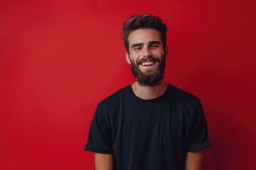 Obraz premium Handsome man in casual shirt smiling over red background. Lucky.
