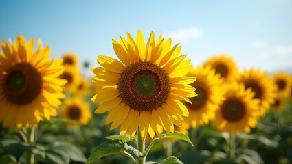 Vibrant sunflowers in a sunlit field against a blue sky