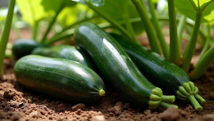 Fresh zucchinis basking in sunlight on rich soil surrounded by lush green leaves