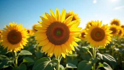 Obraz premium Vibrant sunflowers in a sunlit field against a blue sky