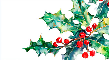 watercolor christmas holly clipart white background. holly in the foreground at bottom as boarder space at top