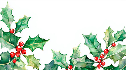 watercolor christmas holly clipart white background. holly in the foreground at bottom as boarder space at top