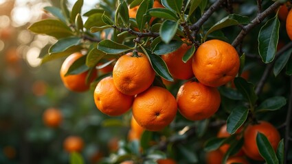 Juicy mandarins glowing in the golden sun among lush green leaves