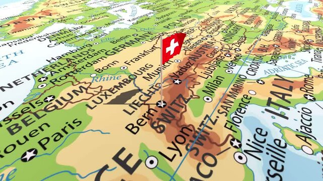 Switzerland flag waving on the map