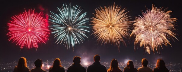 A group of friends watching fireworks light up the night sky focus on   The joy of shared experiences and wonder   dynamic   Multilayer   Fireworks backdrop