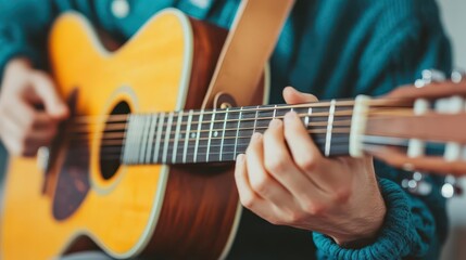 Obraz premium A musician playing guitar with a joyful smile on their face close up The happiness of expressing creativity dynamic Double exposure Music stage backdrop