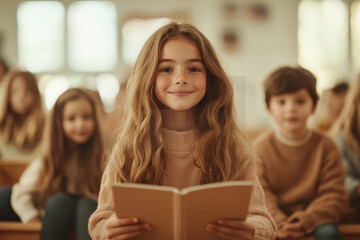 Obraz premium Young girl smiling with a book in classroom, surrounded by children, joyful learning setting