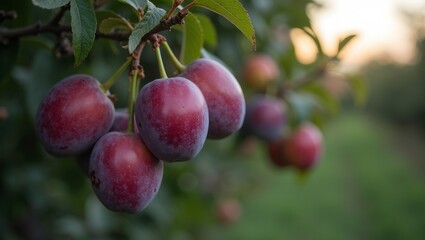 Obraz premium Delicious ripe plums on tree branches in a serene orchard at dusk