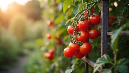 Vibrant red cherry tomatoes on trellis in sunlit garden