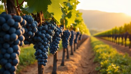 Ripe purple grapes on vines in scenic vineyard at sunset