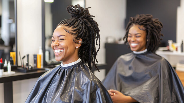 two young African American women with dreadlocks laughing in a hair salon