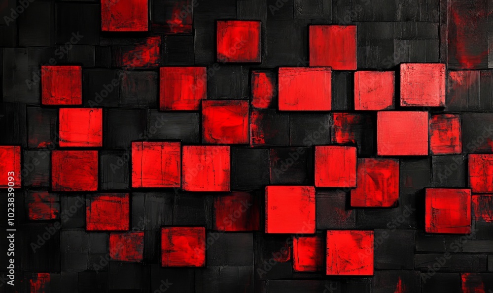 Poster a black and red abstract image with squares of different sizes