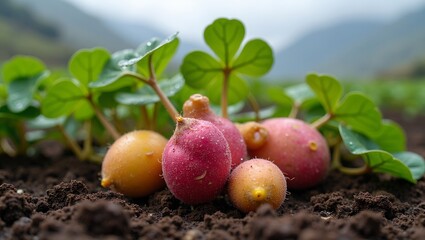 Vibrant Oca tubers nestled in Andean farm soil with misty mountains in background