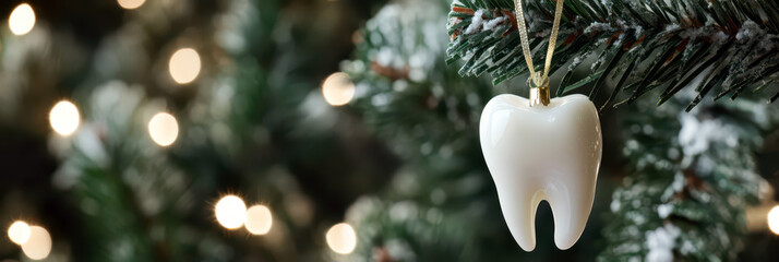 White tooth on a Christmas tree on a holiday background. Close-up. Horizontal banner. Copy space. Dental promotion with Christmas gift as tooth. Happy New Year. Dental Christmas banner