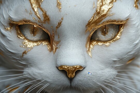 Majestic white cat with golden accents close-up of intricately detailed feline face