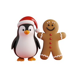 Obraz premium Christmas Character 3D Render Illustration: Penguin with Santa Claus Hat and Gingerbread Man Cartoon, Isolated on Transparent Background, PNG